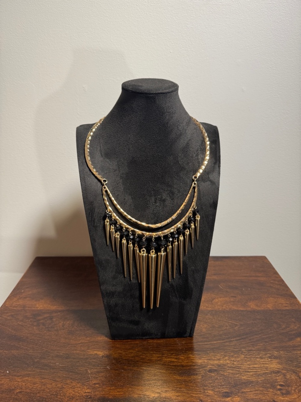 Chico's Gold Spike Fringe Statement Necklace with Black Accents